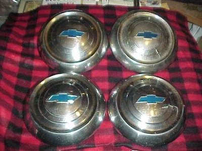 Chevy 1951, 52, 53 BelAir Dog Dish Bowl Hubcap Set Blue Bowtie Driver Slum Caps - Image 1 of 4