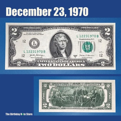 December 23, 1970 Birthday Anniversary $2 Two Dollar Bill Serial Number 12231970 - Image 1 of 2