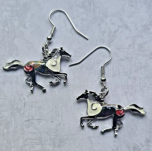 Horse Earrings Dangle Black, white, gray silver-tone. Equestrian gift, Western - Picture 1 of 6