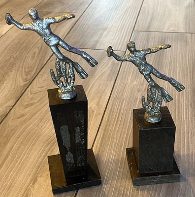 Lot of 2 Vintage Spearfishing Trophy w/ Scuba Diver Free Diver Spear Fish 1960’s - Image 1 of 4