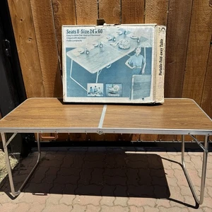 Vintage Aluminum Portable Fold-Away Table 24x60 Wood Grain Retro - Picture 1 of 22