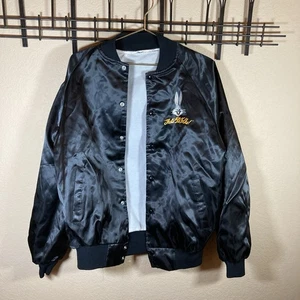 1990’s Vintage Chalk Line Bugs Bunny 50th Birthday Black Satin Jacket 90s Large - Picture 1 of 7