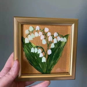 Lily Of The Valley Flowers Original Painting 4/4,artwork,mini,small,framed,gold - Picture 1 of 7
