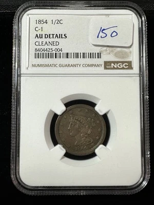 1854  BRAIDED HAIR  HALF CENT **NGC CLEANED** - Image 1 of 3
