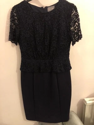 Ladies dress PHASE EIGHT navy blue lace peplum detail knee length lined size 14 - Image 1 of 4