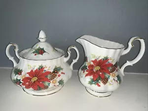 Vintage 1976 Royal Albert Bone China Poinsettia Creamer and Sugar Bowl W/Lid - Picture 1 of 6