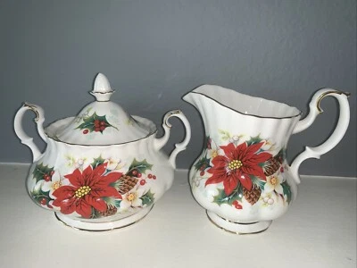 Crema y azucarero Royal Albert Bone China Poinsettia 1976 vintage con tapa Foto 1 de 4