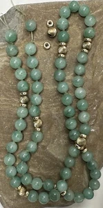 Vintage Green Jade Jadeite 10mm Loose Bead Knotted Necklace Gold  30” Restring - Picture 1 of 6