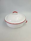 White Enamel Red Trims Roasting Non Stick Baking Oven Dish Pan Tray W/One Handle