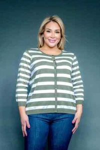 Green White Striped 3/4 SLEEVE Shirt Top KNIT Womens Plus SIZE 3X Button Front - Picture 1 of 6