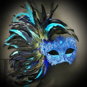 Carnival Feather Masquerade EyeMask Blue Teal - Picture 1 of 1