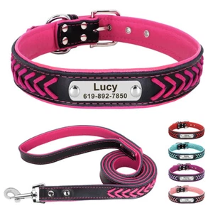 Collar y correa de perro personalizados de cuero trenzado acolchado nombre de mascota etiqueta grabada - Imagen 1 de 33