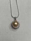 FAUX PEARL SURROUNDED BY WHITE GEMSTONES PENDANT WITH CHAIN-N86