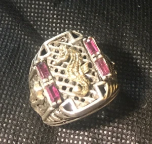 Artisan Made 10 Karat Gold Seahorse Garnet  Mens sterling silver  ring  Lge. - Picture 1 of 5