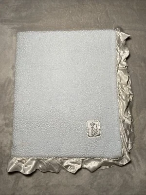 Little Giraffe Blanket Light Reversible Blue Sherpa White Satin Ruffle Trim - Image 1 of 2
