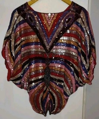Blusa Top Vintage Carrick's Mariposa Lentejuelas Diseño Cuentas 100% Seda Mediana Foto 1 de 4