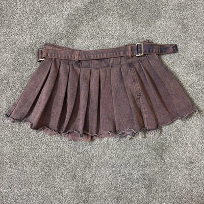 Fashion Nova Skirt Womens XL Pink Denim Pleated Mini Belted Raw Hem Micro Grunge - Image 1 of 4