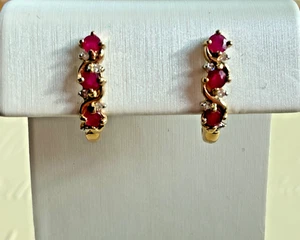 10K Gold Ruby & Diamond Hoop Earrings - Picture 1 of 8