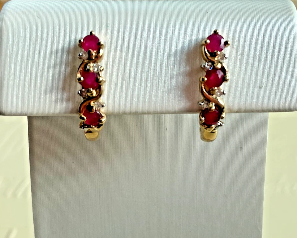 10K Gold Ruby & Diamond Hoop Earrings - Image 1 of 4