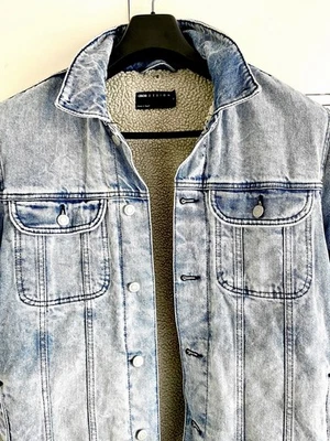 ASOS Warm Sherpa Denim Trucker Jacket Borg Fleece Lined Acid Jeans Bomber M Blue - Image 1 of 4