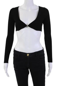 Aya Muse Womens Ribbed V-Neck Long Sleeve Crop Top Solid Black Size Medium - Picture 1 of 6