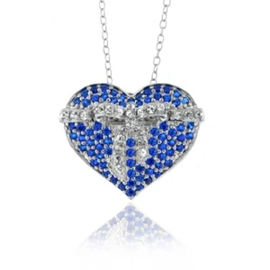 925 Sterling Silver Lab Created Sapphire Heart Necklace - Picture 1 of 3