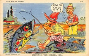 "Postal de lino ""Youth Must Be Served"" cómic de pesca Ray Walters Chelsea, IA años 40" - Imagen 1 de 2
