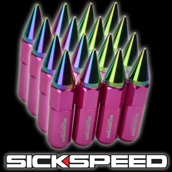 SICKSPEED 16 PC PINK/NEO CHROME SPIKED 60MM EXTENDED TUNER LUG NUTS 1/2X20 N30 - Image 1 of 1
