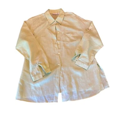 Toto A Ko Womens 1X 100% Linen Long Sleeve Button-Up Shirt Light Green - Image 1 of 4