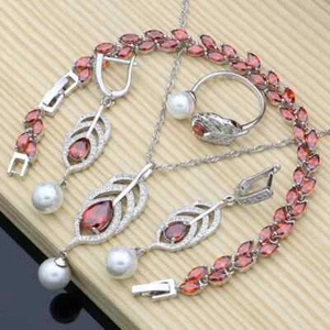 Stunning 4 pc 925 Sterling Silver Lab-Created Red Gem Jewelry Set - Picture 1 of 6
