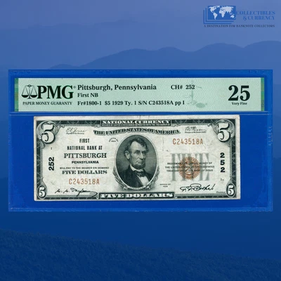 1929 $5 First National Bank At PITTSBURGH, PA, Charter #252, PMG VF 25 - Image 1 of 3