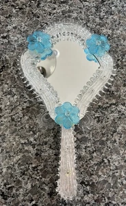 VINTAGE HAND- ODER WANDSPIEGEL MURANO GLASKUNST blaue Blumen - Bild 1 von 4