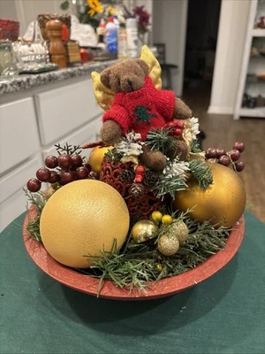 Wood Bowl Crackled Red/Gold Finish w- Holiday Festive Arrangement Handmade New* - Image 1 of 4