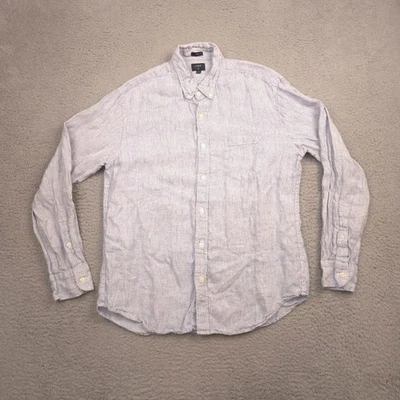 Camisa J Crew de Lino Para Hombre L Ajustada Azul Blanco Rayas Botón Delantero Manga Larga Casua Foto 1 de 4
