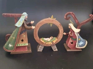 Wooden & Handpainted Nativity 3 Pc Set Mary Joseph Jesus That Spells Out JOY - Picture 1 of 20