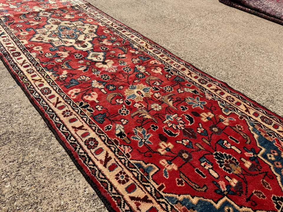 3x10 RED VINTAGE RUNNER RUG HAND-KNOTTED ANTIQUE ORIENTAL handmade blue 2x10 ft - Image 1 of 4