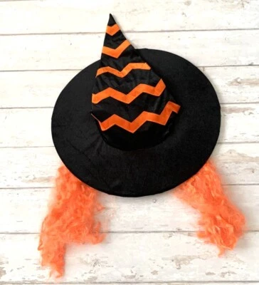 Disfraz de sombrero de bruja de terciopelo negro naranja peluca de pelo rizado adjunto estampado de chevron NUEVO Foto 1 de 4