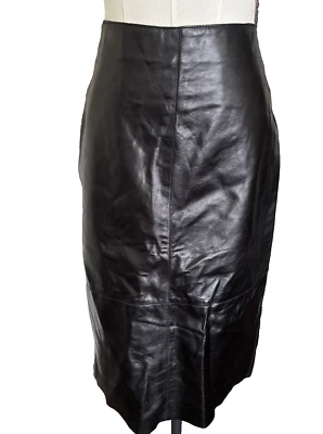 Kenneth Cole Women's High-Waisted Real Black Leather Back Slit Pencil Skirt Sz 8 - Image 1 of 4