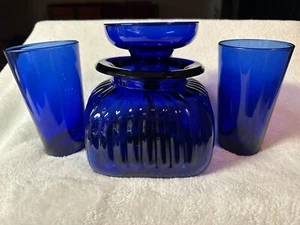 Vintage Cobalt Blue Glass Canister w/2 Water &1 Cocktail Glass (Lot of 4 Pieces) - Picture 1 of 15
