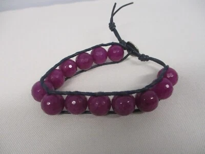 SIGNED CHAN LUU PURPLE FACETED GLASS BEAD BLACK LEATHER CORD BRACELET - Image 1 of 4