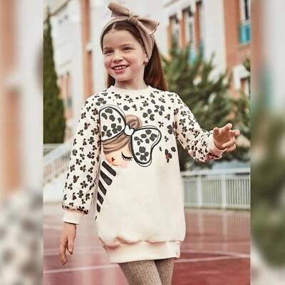 MAYORAL LEOPARD GARBANZO SWEATSHIRT GIRL BOW GLITTER DRESS LONG SLEEVES  9 - Image 1 of 4