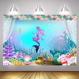 Little Mermaid Backdrop Under Sea Happy Birthday Party Photo Background Banner - Picture 1 of 9