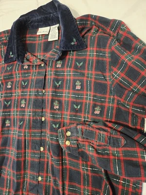 Vtg Bobbie Brooks Embroidered Christmas Shirt Velvet Collar Sz L Plaid Festive  - Image 1 of 4