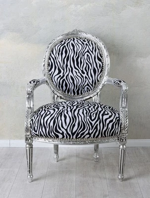 Poltrona Stile Barocco Zebra Argento Rococo Sedia Braccioli Antico Imbottita - Immagine 1 di 4