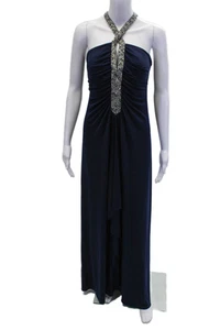 JS Boutique Womens Beaded Accent Rouched Detail Sleeveless Gown Blue Size 16 - Picture 1 of 7