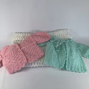 Hand Crochet Knit Baby Blanket White Afghan Baptism Christening Pink Sweater Lot - Picture 1 of 11