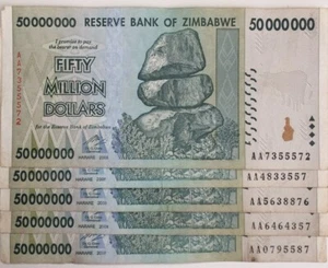 Zimbabwe 50 Million Dollars X Five (5 pcs) Authentic XF-AU Banknotes 2008, AA/AB - Picture 1 of 3