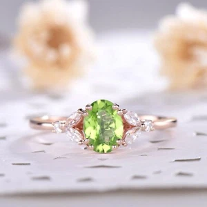 1 Ct Peridot Ring Oval Cut Peridot Engagement Ring With Silver Rose Gold Plated - Picture 1 of 5