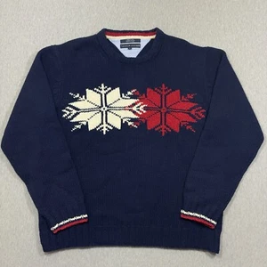 Tommy Hilfiger Lambswool Sweater Mens Large Blue Knit Pullover Snowflake Winter - Picture 1 of 8