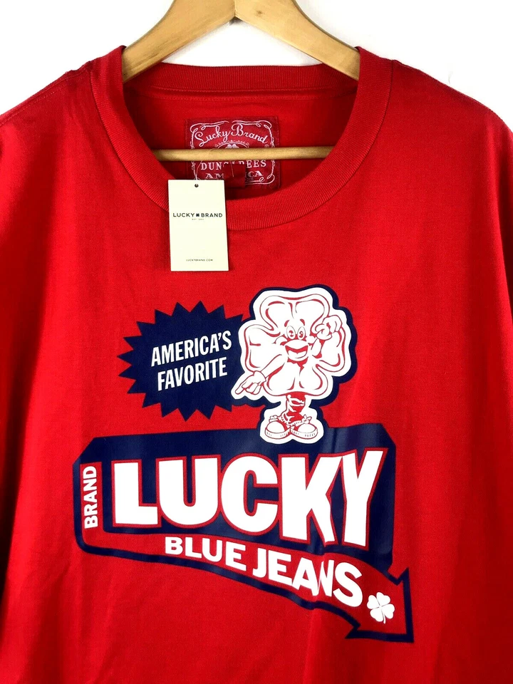 Lucky BRAND T Shirt Men's Size L Red Short Sleeve Clover America's Blue Jeans
